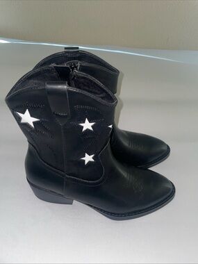 Girls Western Boots Size 4 Black White Star Faux Leather Cowboy
